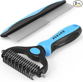 Pet Grooming Combo - Blue Deshedding Brush with Metal Comb for Detangling and Dematting Long, Matted Fur on Cats and Dogs