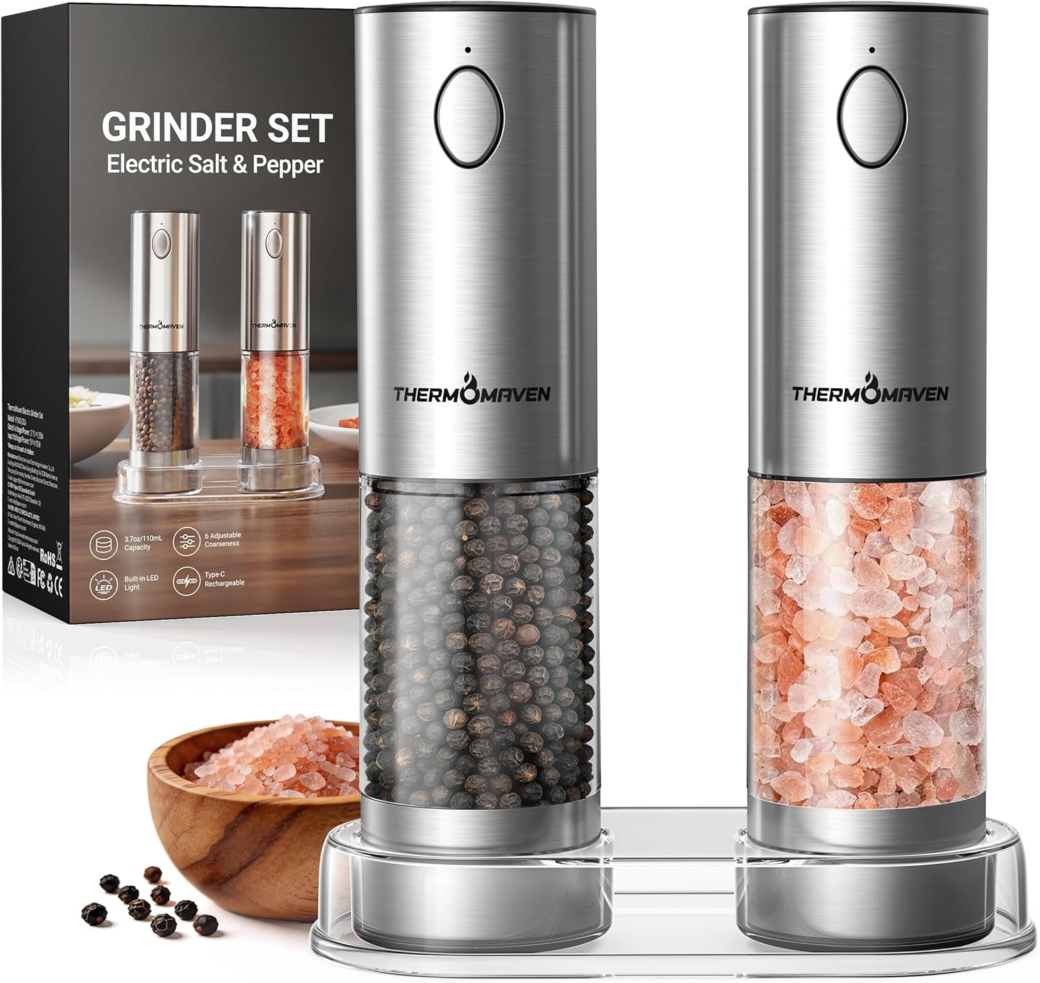 Upgraded Larger Capacity Electric Salt and Pepper Grinder Set, 110Ml Rechargeable Salt and Pepper Shaker with LED Light, Stainless Steel Automatic Pepper Mill with 6 Adjustable Coarseness