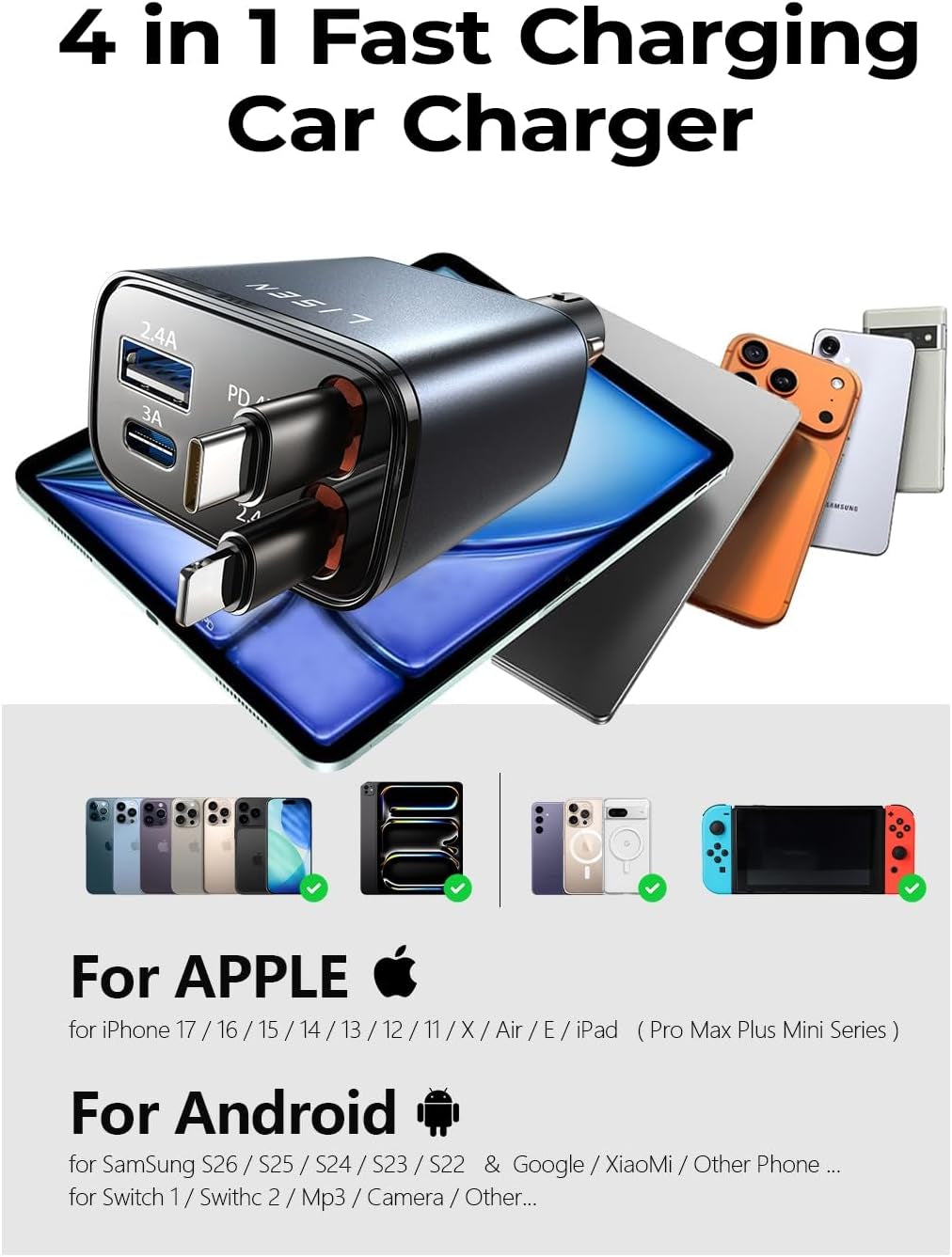 Retractable Car Charger, 84W Car Charger USB C Fast Charger, Cigarette Lighter USB Charger Adapter, Car Accessories Birthday Gifts for Men Women Dad Mom Husband, for Iphone 17 16 15 14 13 12 11