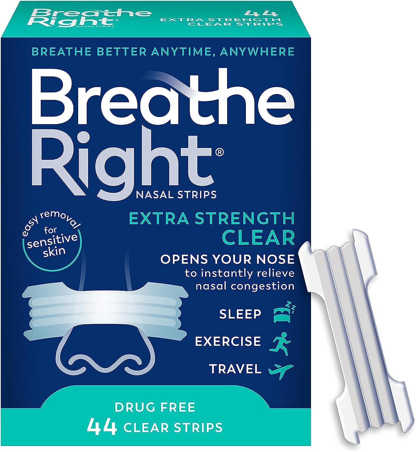 Nasal Strips, Extra Strength Clear Nose Strips, Drug Free Nasal Congestion Relief for Better Breathing, Help Relieve Snoring, Caused by Colds & Allergies, Deviated Septum, 44Ct