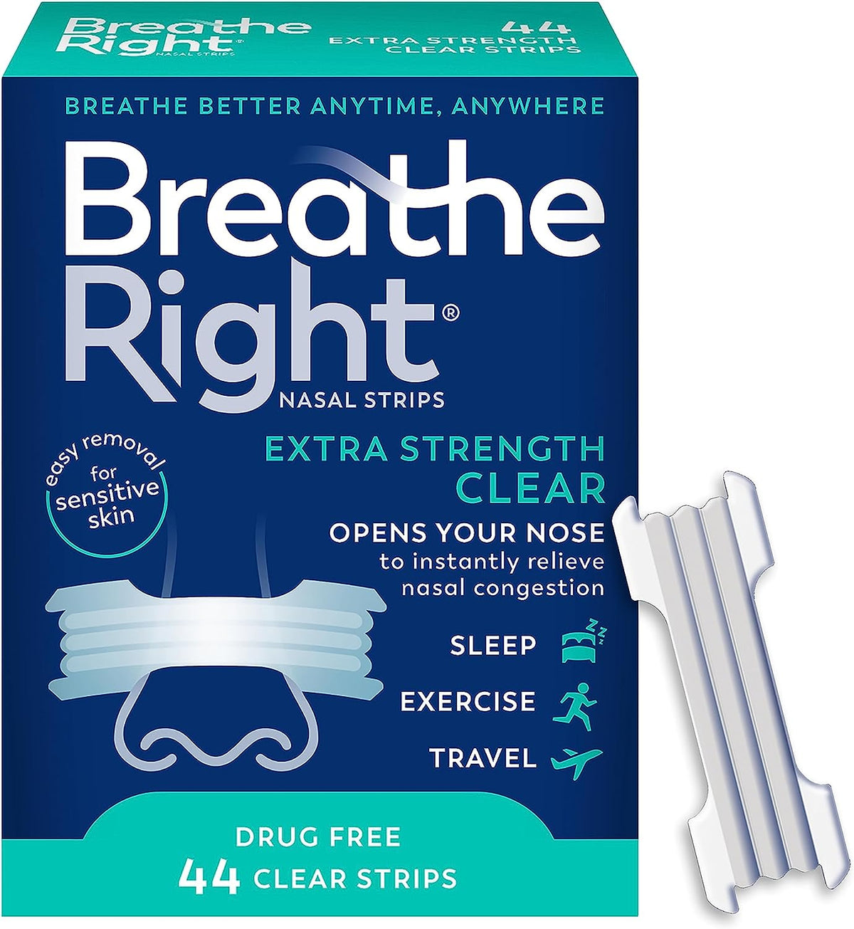 Nasal Strips, Extra Strength Clear Nose Strips, Drug Free Nasal Congestion Relief for Better Breathing, Help Relieve Snoring, Caused by Colds & Allergies, Deviated Septum, 44Ct