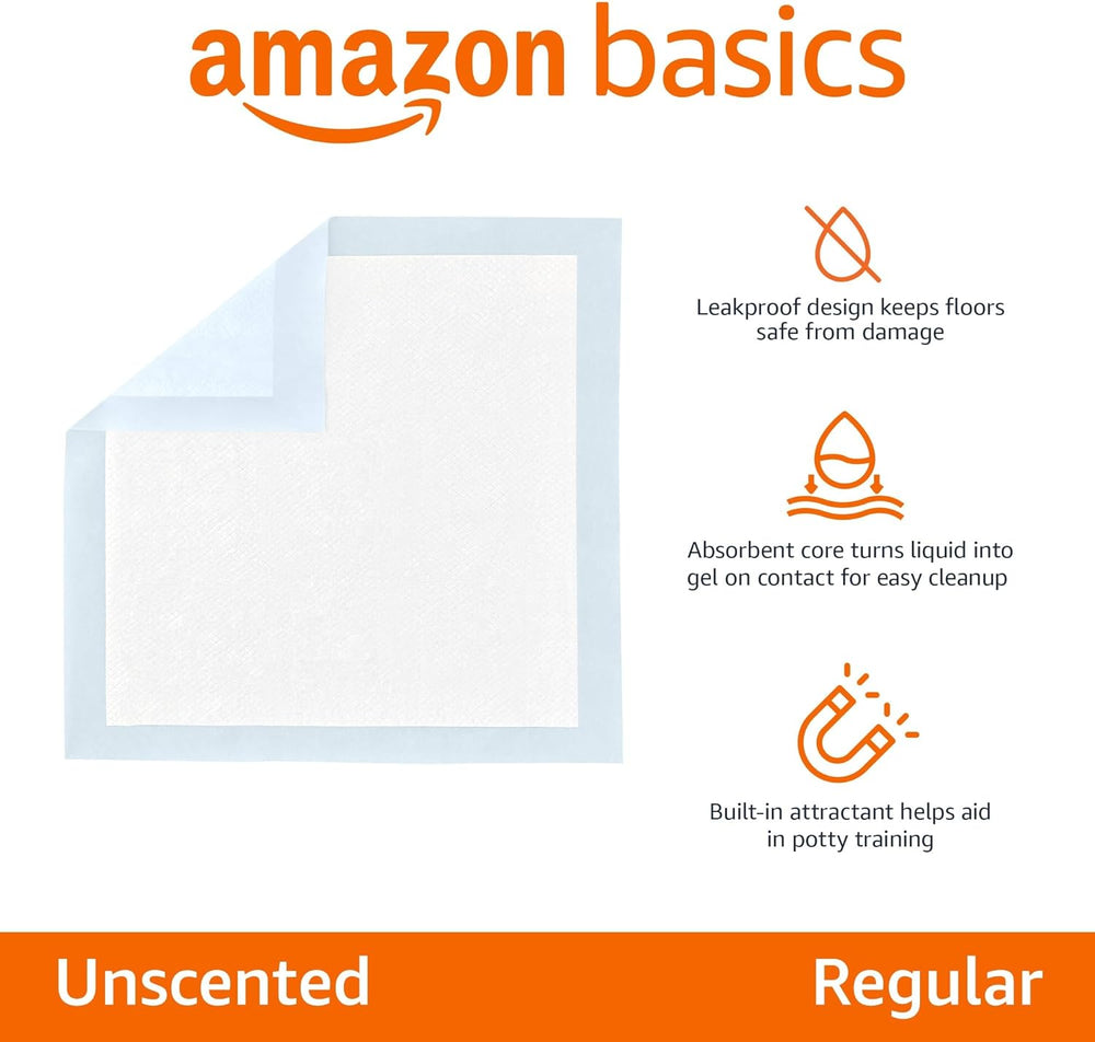 Leak-Proof Dog and Puppy Potty Training Pee Pads with Quick-Dry 5-Layer Super Absorbent Design, Regular Size 22 X 22 Inch, Blue & White, 100 Count