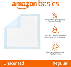 Leak-Proof Dog and Puppy Potty Training Pee Pads with Quick-Dry 5-Layer Super Absorbent Design, Regular Size 22 X 22 Inch, Blue & White, 100 Count