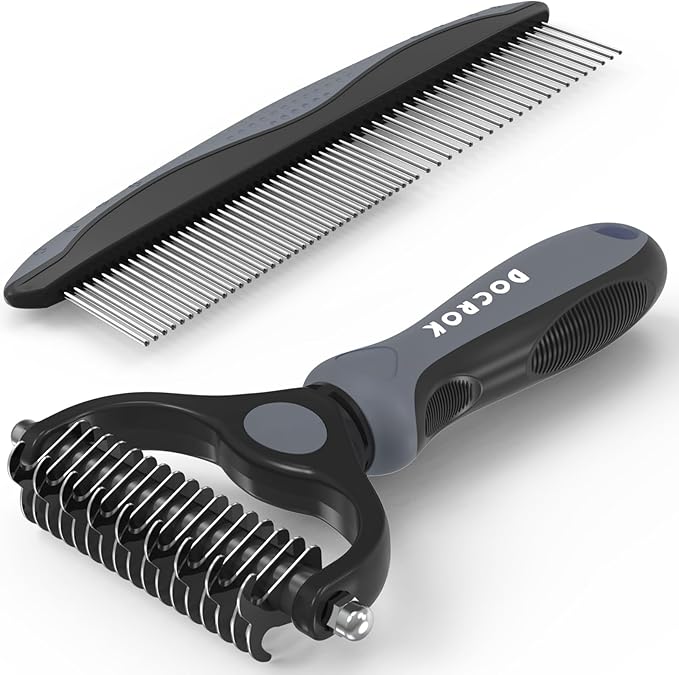Pet Grooming Combo - Blue Deshedding Brush with Metal Comb for Detangling and Dematting Long, Matted Fur on Cats and Dogs