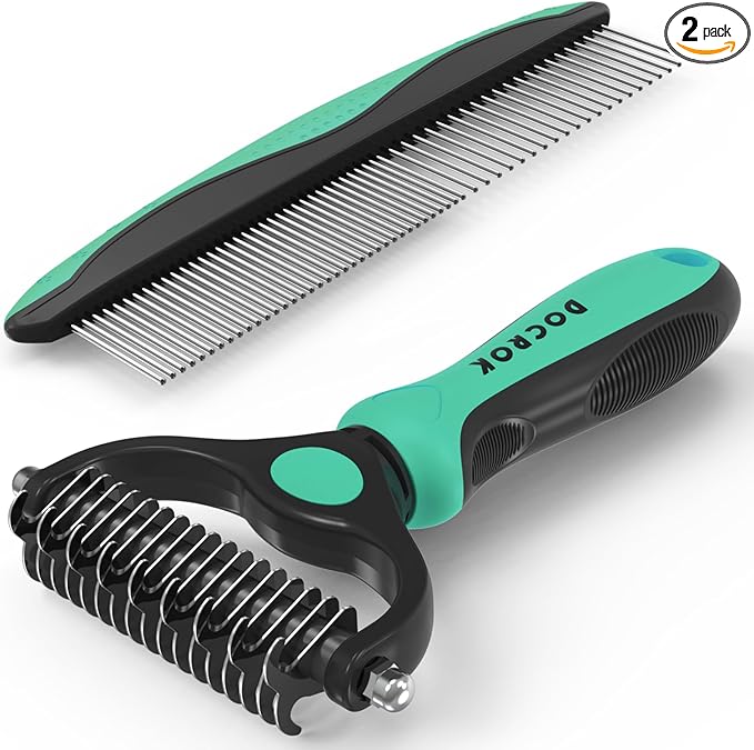 Pet Grooming Combo - Blue Deshedding Brush with Metal Comb for Detangling and Dematting Long, Matted Fur on Cats and Dogs