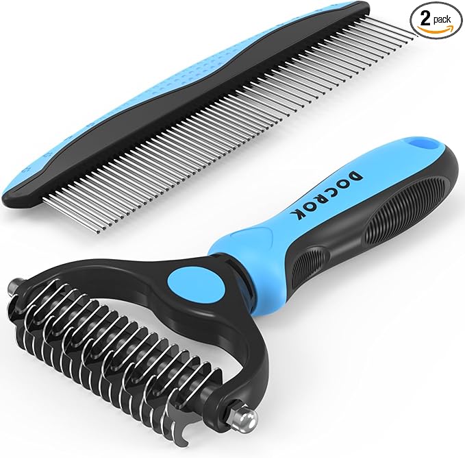 Pet Grooming Combo - Blue Deshedding Brush with Metal Comb for Detangling and Dematting Long, Matted Fur on Cats and Dogs