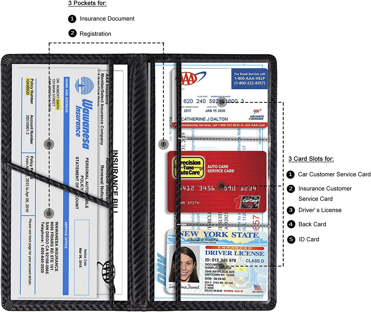 Car Registration and Insurance Card Holder, Vehicle License Document Glove Box Compartment Organizer, Interior Car Accessories for Women Men (Carbon Fiber Black)