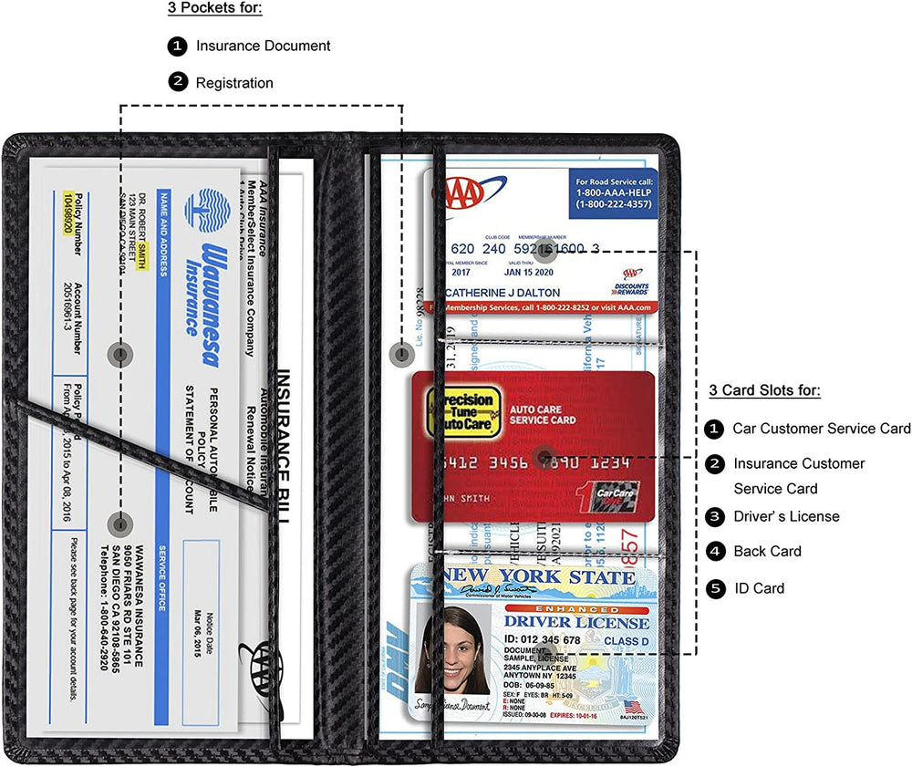 Car Registration and Insurance Card Holder, Vehicle License Document Glove Box Compartment Organizer, Interior Car Accessories for Women Men (Carbon Fiber Black)