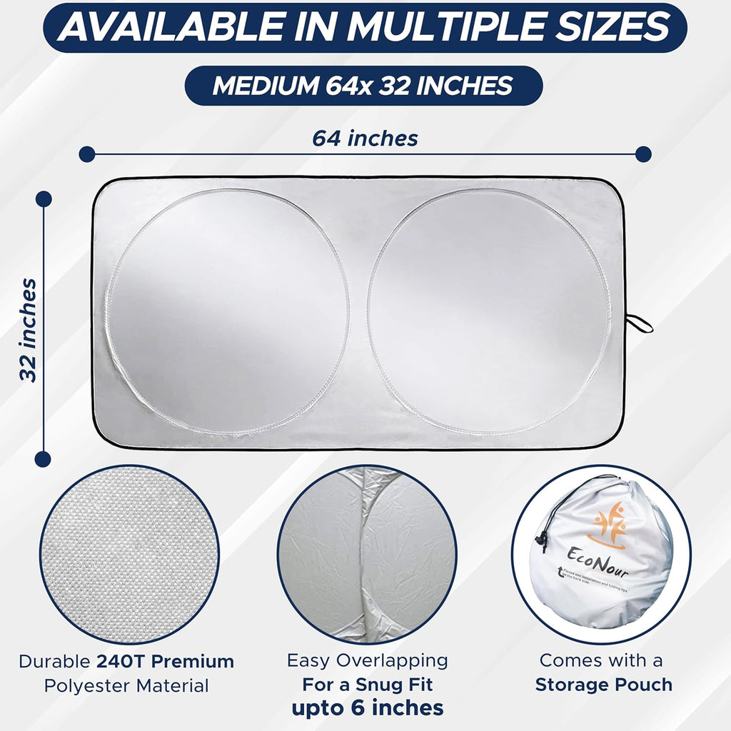 Car Windshield Sunshade | Blocks 99% Heat & Keeps Interior Cool | Universal Fits Cars, Suvs, Trucks | Automotive Sun Screen, Visor & Car Accessories for Summer | Medium (64X32 Inches)