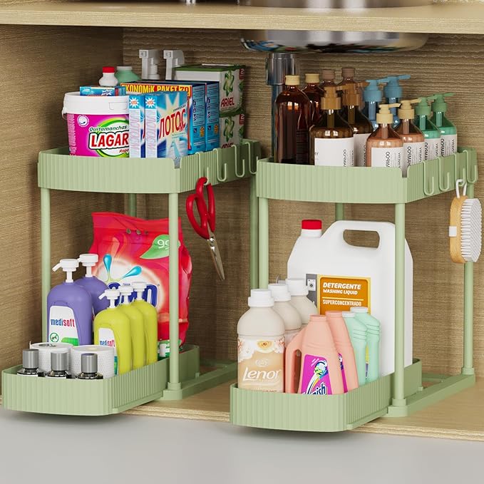 Multi-Purpose Pull-Out Storage Organizers, under Sink/Cabinet Organizers and Storage for Bathroom & Kitchen, Black, 12.8 Inches, 2 Packs