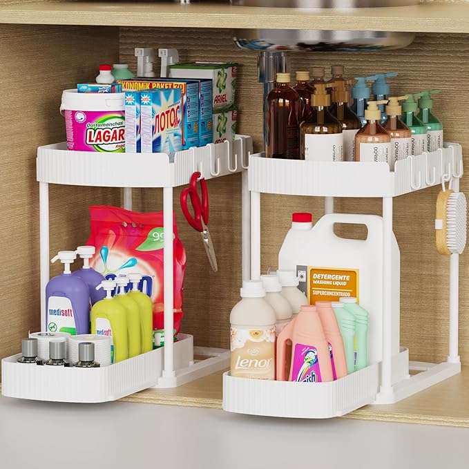 Multi-Purpose Pull-Out Storage Organizers, under Sink/Cabinet Organizers and Storage for Bathroom & Kitchen, Black, 12.8 Inches, 2 Packs
