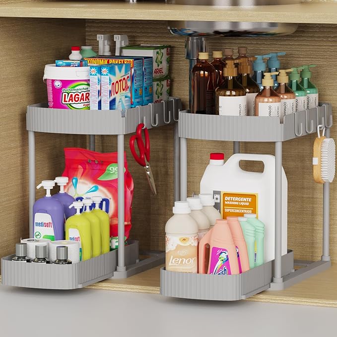 Multi-Purpose Pull-Out Storage Organizers, under Sink/Cabinet Organizers and Storage for Bathroom & Kitchen, Black, 12.8 Inches, 2 Packs