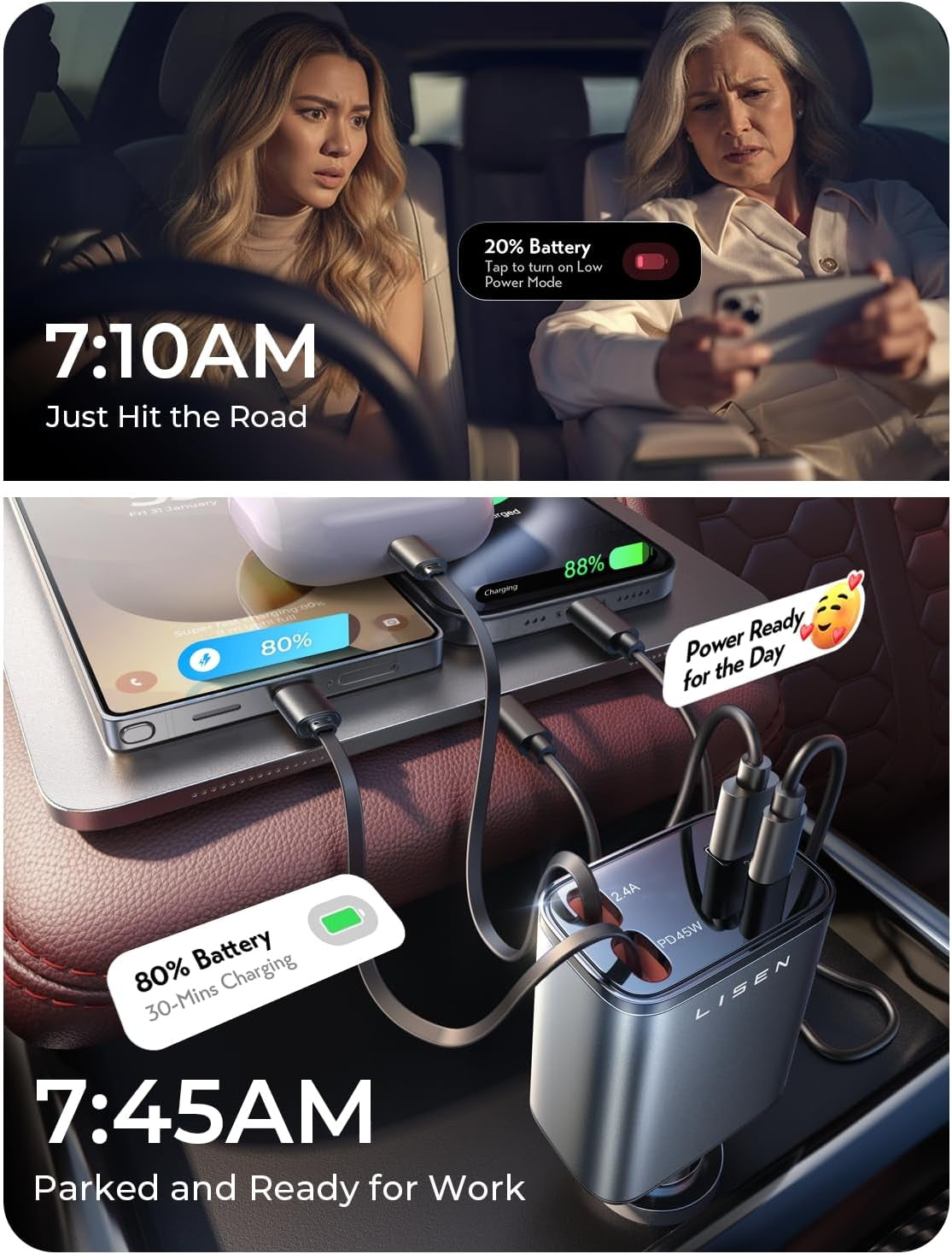 Retractable Car Charger, 84W Car Charger USB C Fast Charger, Cigarette Lighter USB Charger Adapter, Car Accessories Birthday Gifts for Men Women Dad Mom Husband, for Iphone 17 16 15 14 13 12 11