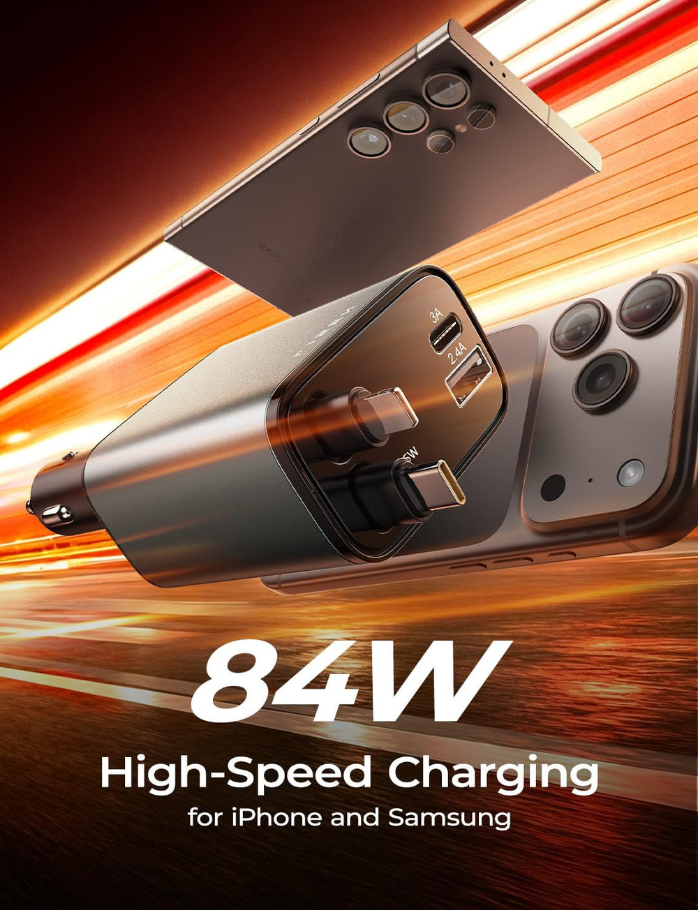 Retractable Car Charger, 84W Car Charger USB C Fast Charger, Cigarette Lighter USB Charger Adapter, Car Accessories Birthday Gifts for Men Women Dad Mom Husband, for Iphone 17 16 15 14 13 12 11