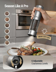 Upgraded Larger Capacity Electric Salt and Pepper Grinder Set, 110Ml Rechargeable Salt and Pepper Shaker with LED Light, Stainless Steel Automatic Pepper Mill with 6 Adjustable Coarseness