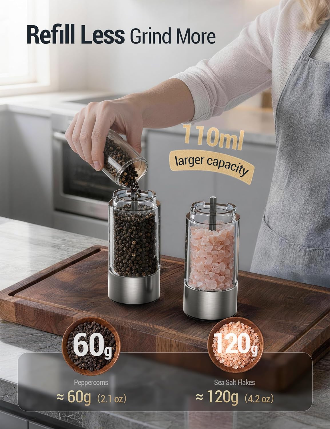 Upgraded Larger Capacity Electric Salt and Pepper Grinder Set, 110Ml Rechargeable Salt and Pepper Shaker with LED Light, Stainless Steel Automatic Pepper Mill with 6 Adjustable Coarseness