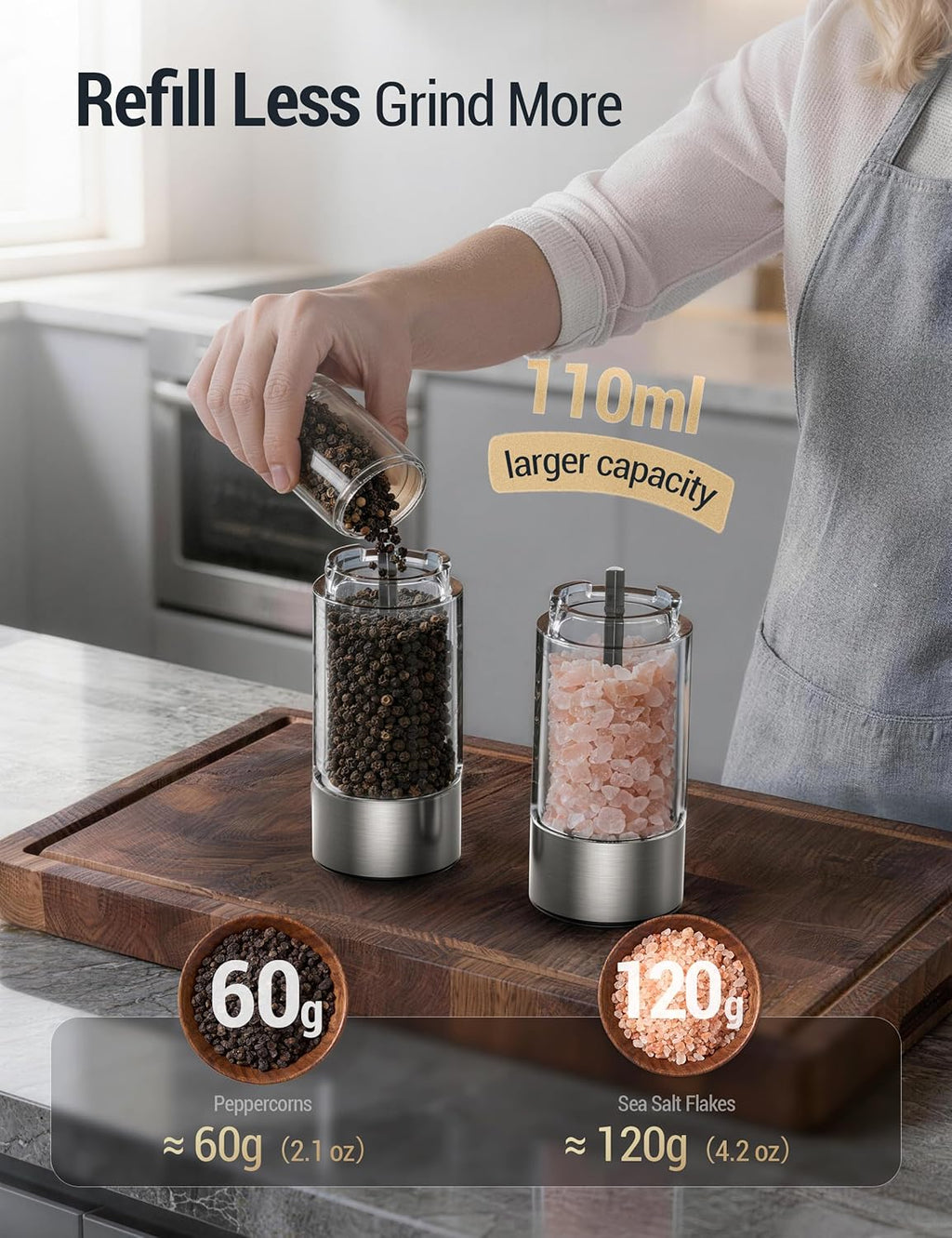 Upgraded Larger Capacity Electric Salt and Pepper Grinder Set, 110Ml Rechargeable Salt and Pepper Shaker with LED Light, Stainless Steel Automatic Pepper Mill with 6 Adjustable Coarseness